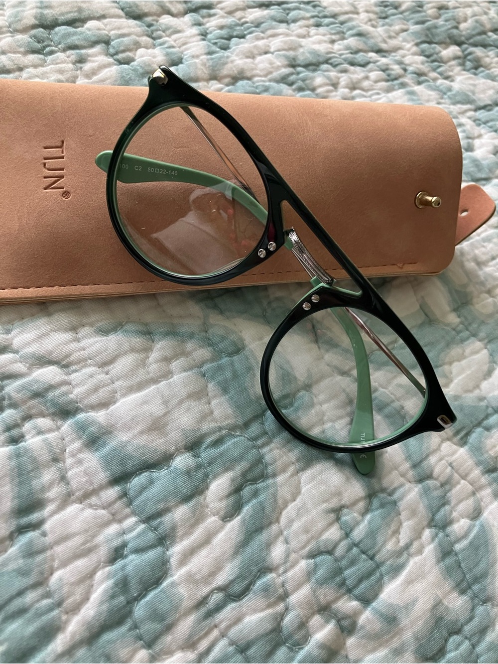 TIJN Black Frame non prescription Glasses with Mint Green Temples